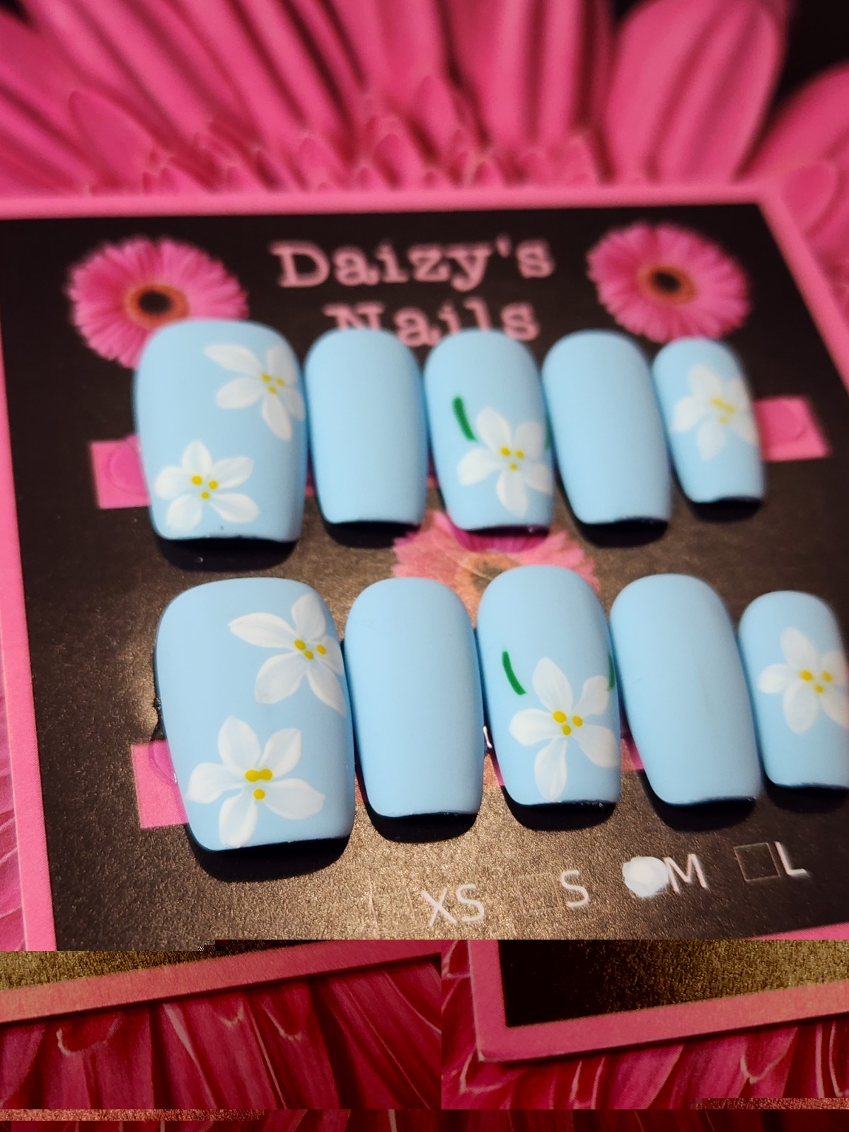 Medium Size Baby Blue Matte Daisy Nail Set Handmade Squoval 2.0 Cm Length