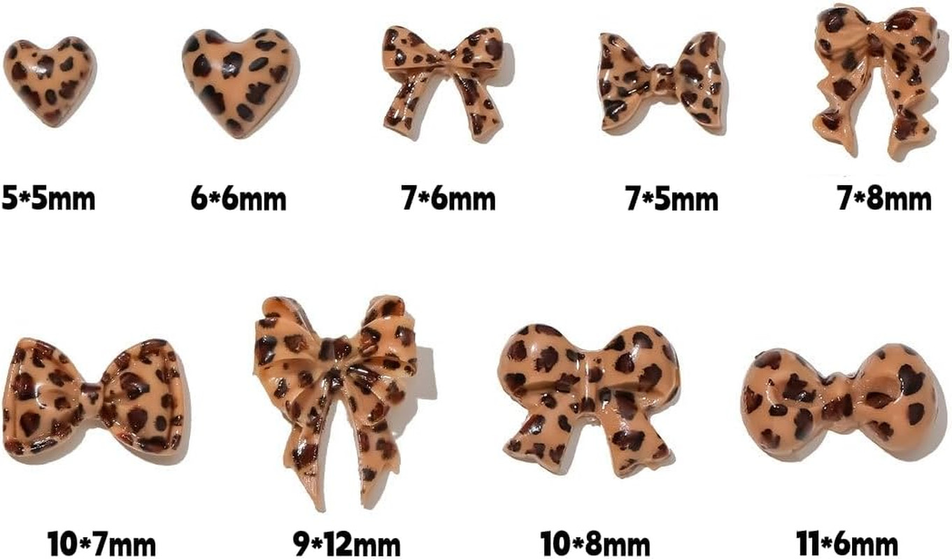 150Pcs Bow Heart Nail Art Charms Bow Nail Rhinestone with Leopard Print Designs
