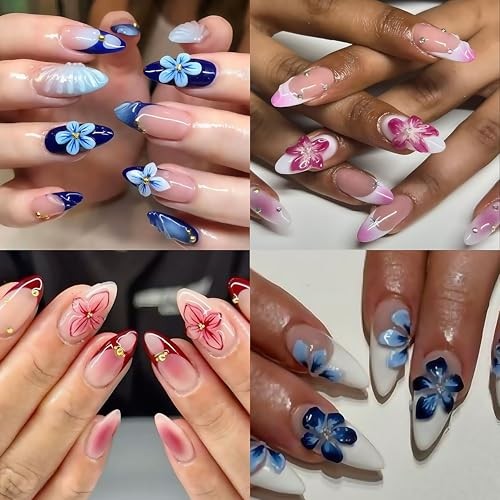 2 Sheets Flower Nail Stickers for Nail Art 5D Embossed Nail Decals blue flowers