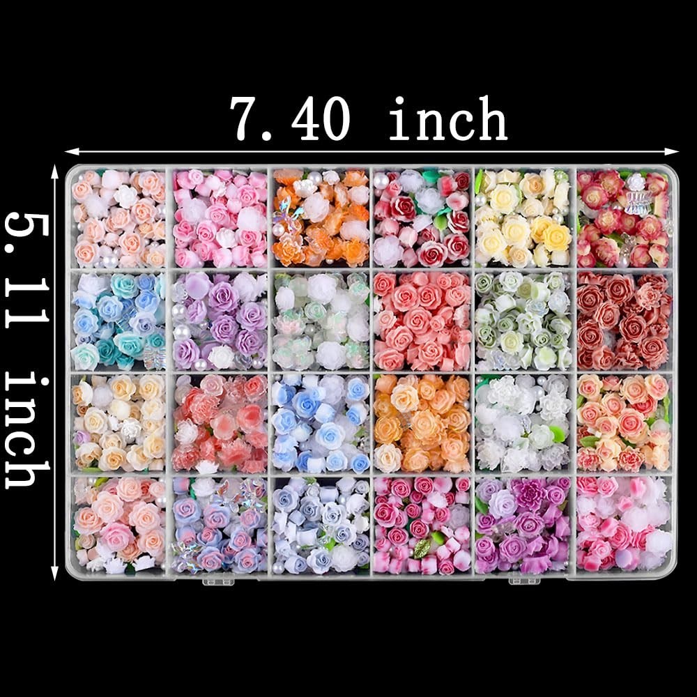 Colorful Flower Nail Charms Set – 24 Mixed Floral Designs with Pearl Leaves & Re