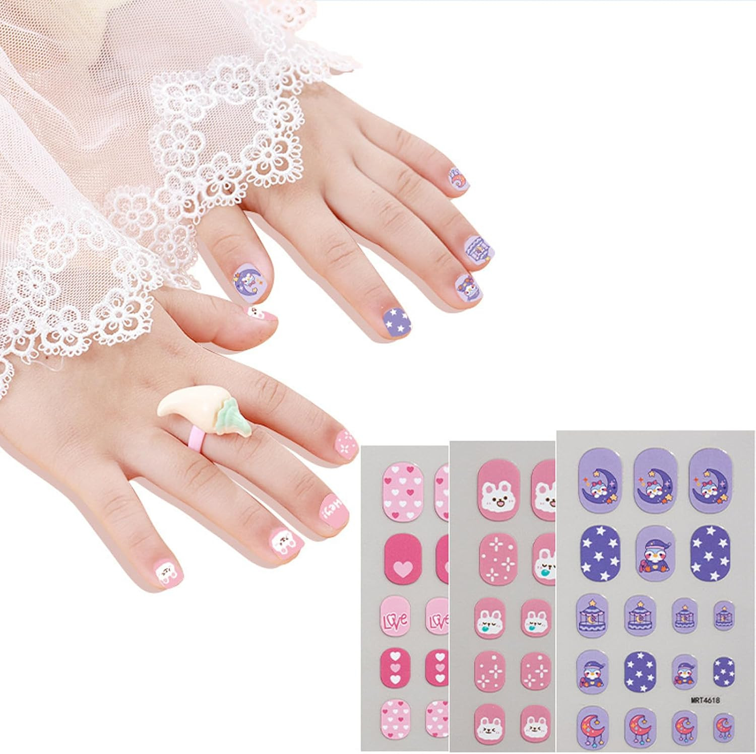 10 Sheets Colorful Kid Nail Stickers Full Nail Wraps for Kids Girls Self Adhesiv