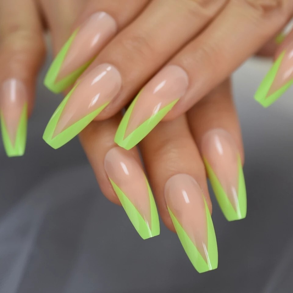 24 Nude French rim neon green border press on nails kit glue v shape