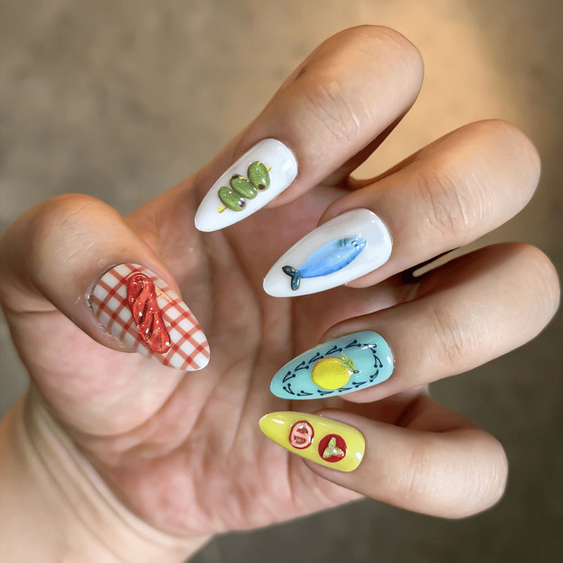 48 Pcs Cartoon Food Almond Press on Nails, Lovely Summer Vacation Fake Nails