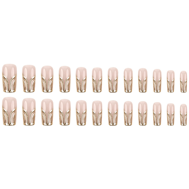 48pcs Long Square Press on Nails, Nude Gold Wave Metallic Gloss Elegant Nails