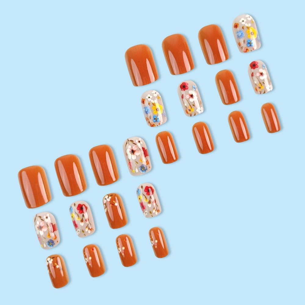 Flower Press on Nails Short Square Medium (Pack of 24), Style 18