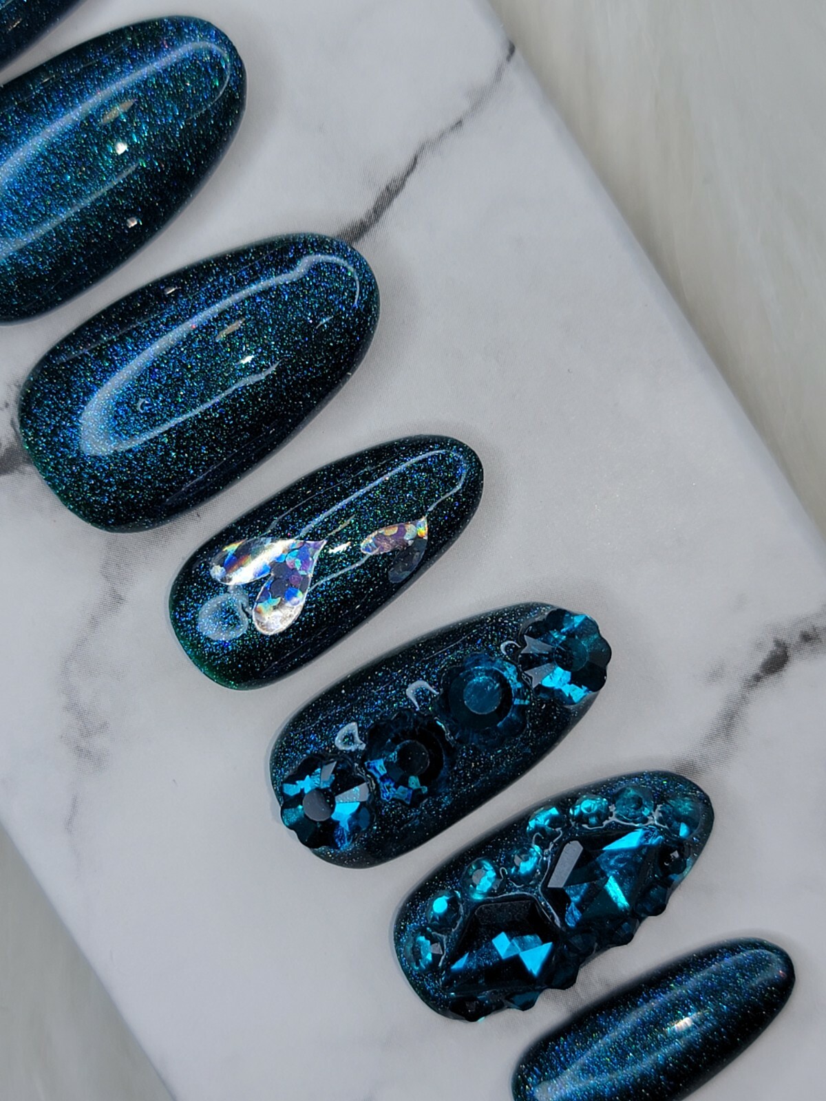 Dark green teal nails bling medium natural oval press on nails apres tips hearts