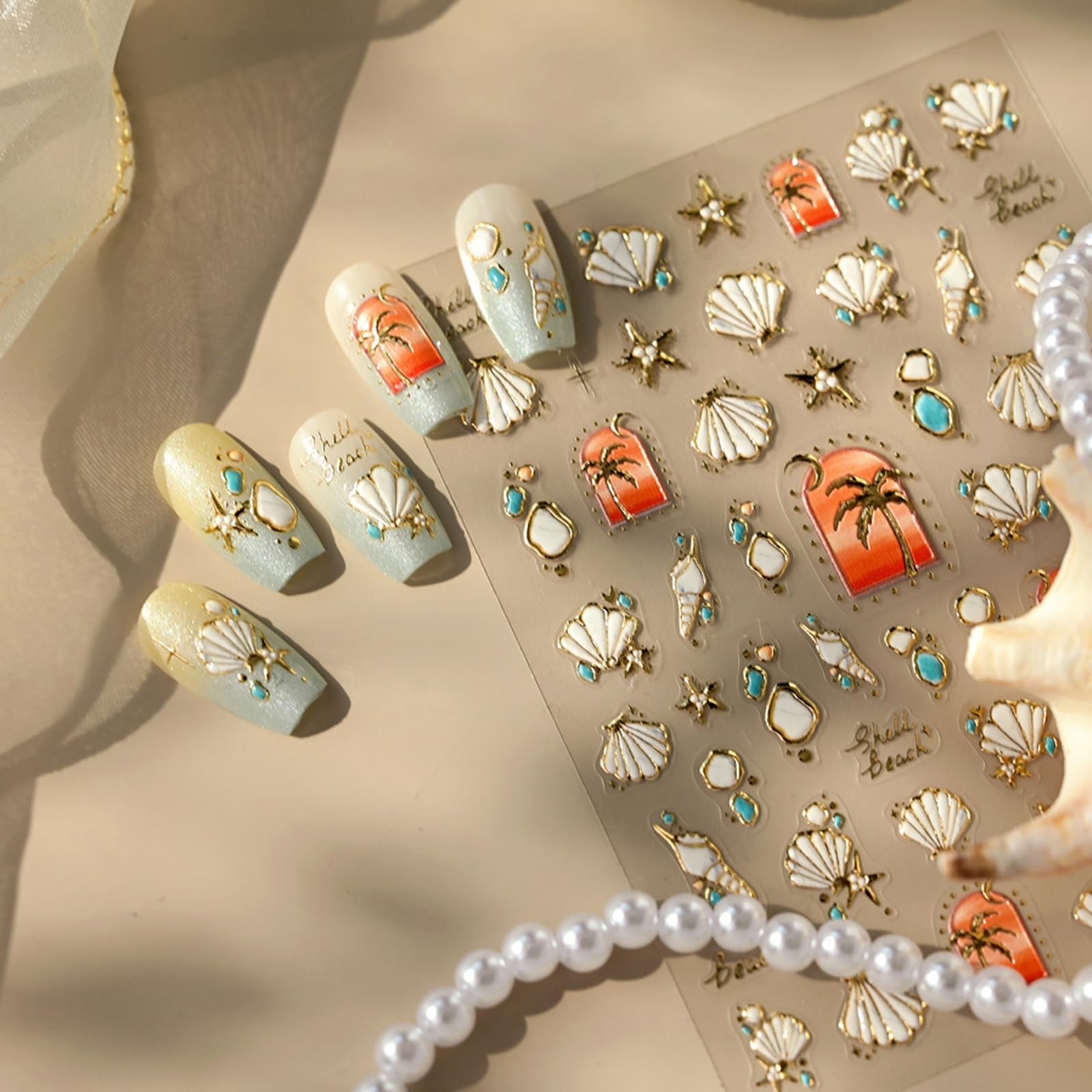 5D Embossed Beach Nail Stickers with Metallic Gold Shell Coconut Tree Nail De…
