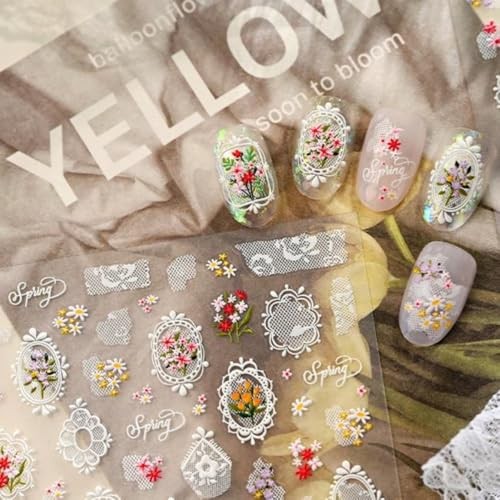 Flower Nail Stickers White Lace Nail Decals 5D Embossed Pink Red Floral Color 2