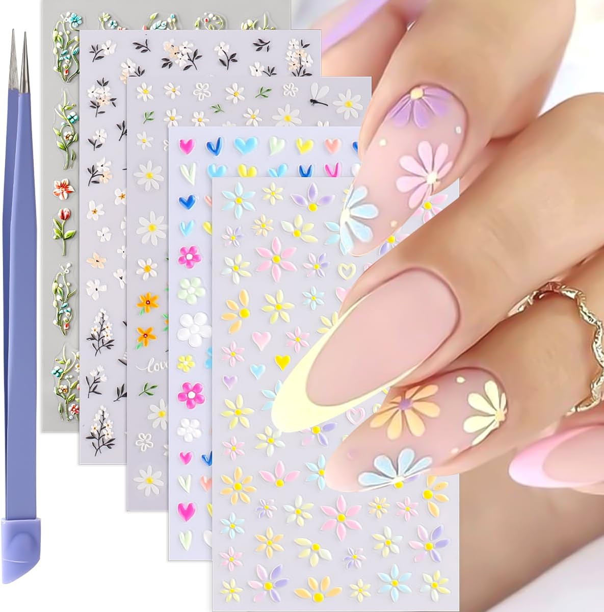 Flower Nail Art Stickers Decals 3PCS 3D Self-Adhesive Floral Nail Stickers | Fra