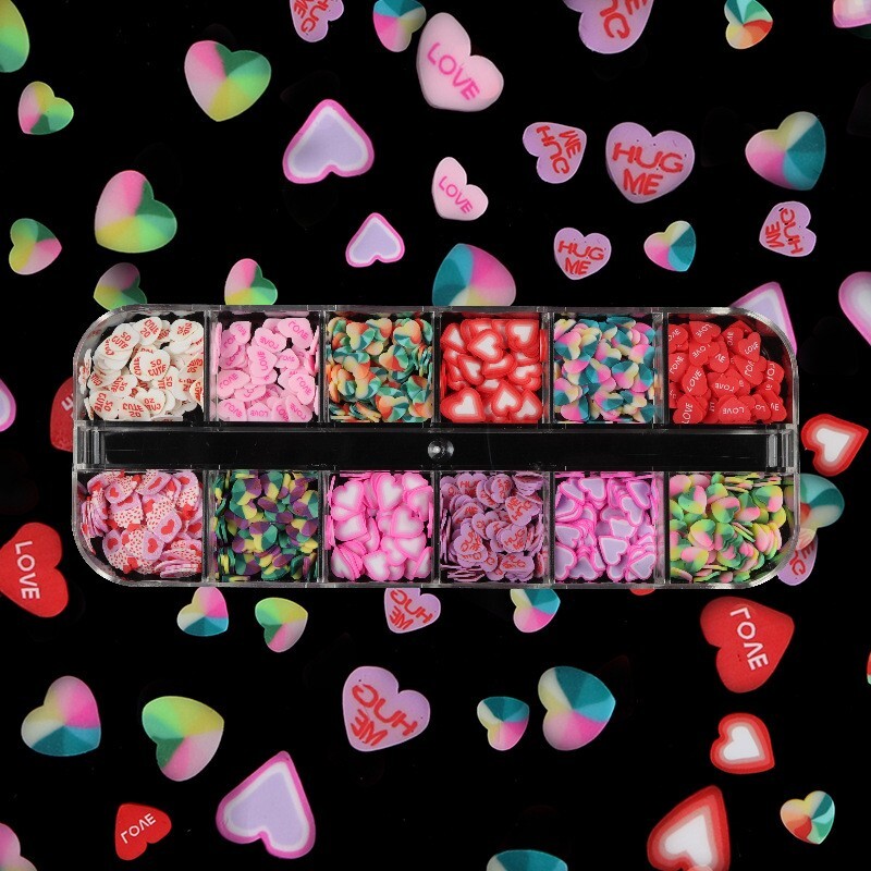 12 Grids Nail Art Mixed Heart LOVE Slices Polymer Clay Flakes DIY Nails Decora