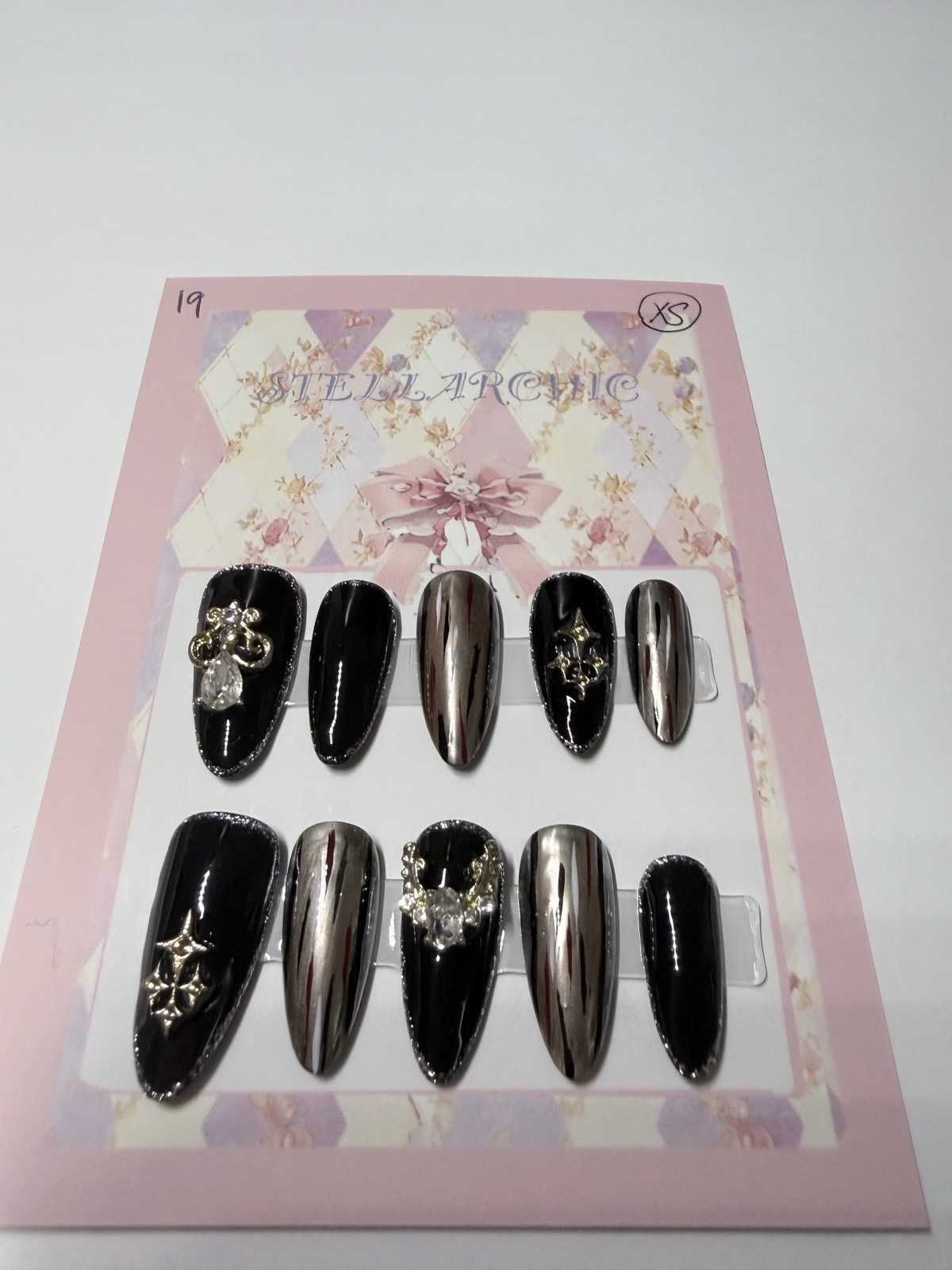 XS size Shiny Black & Silver Cross Extra Short Coffin hand made Press-On