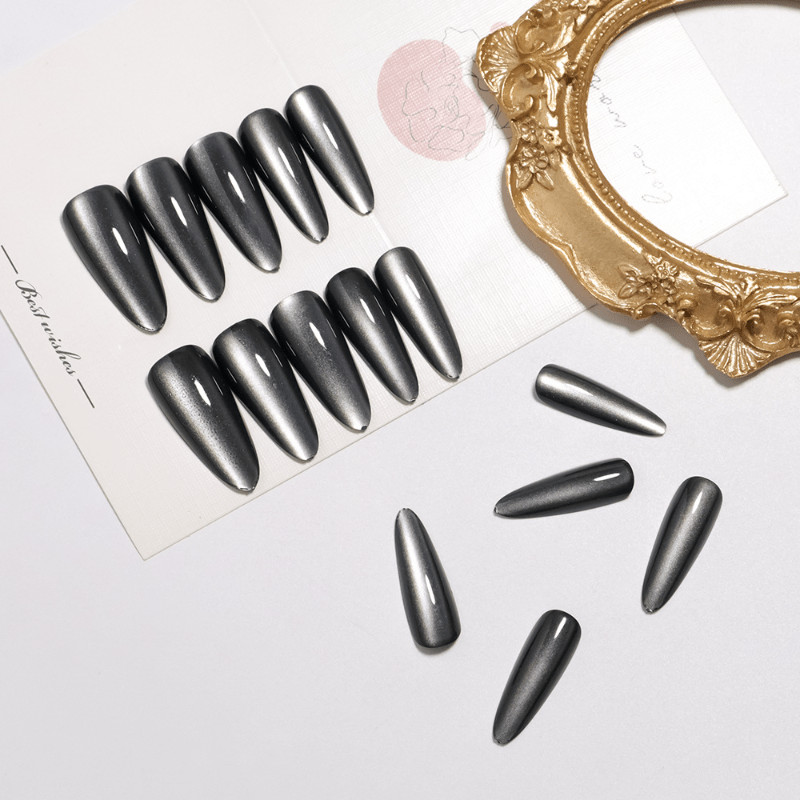 60Pcs Black Purple Cat Eye Press on Nails, Long Stiletto Glossy Fake Nails