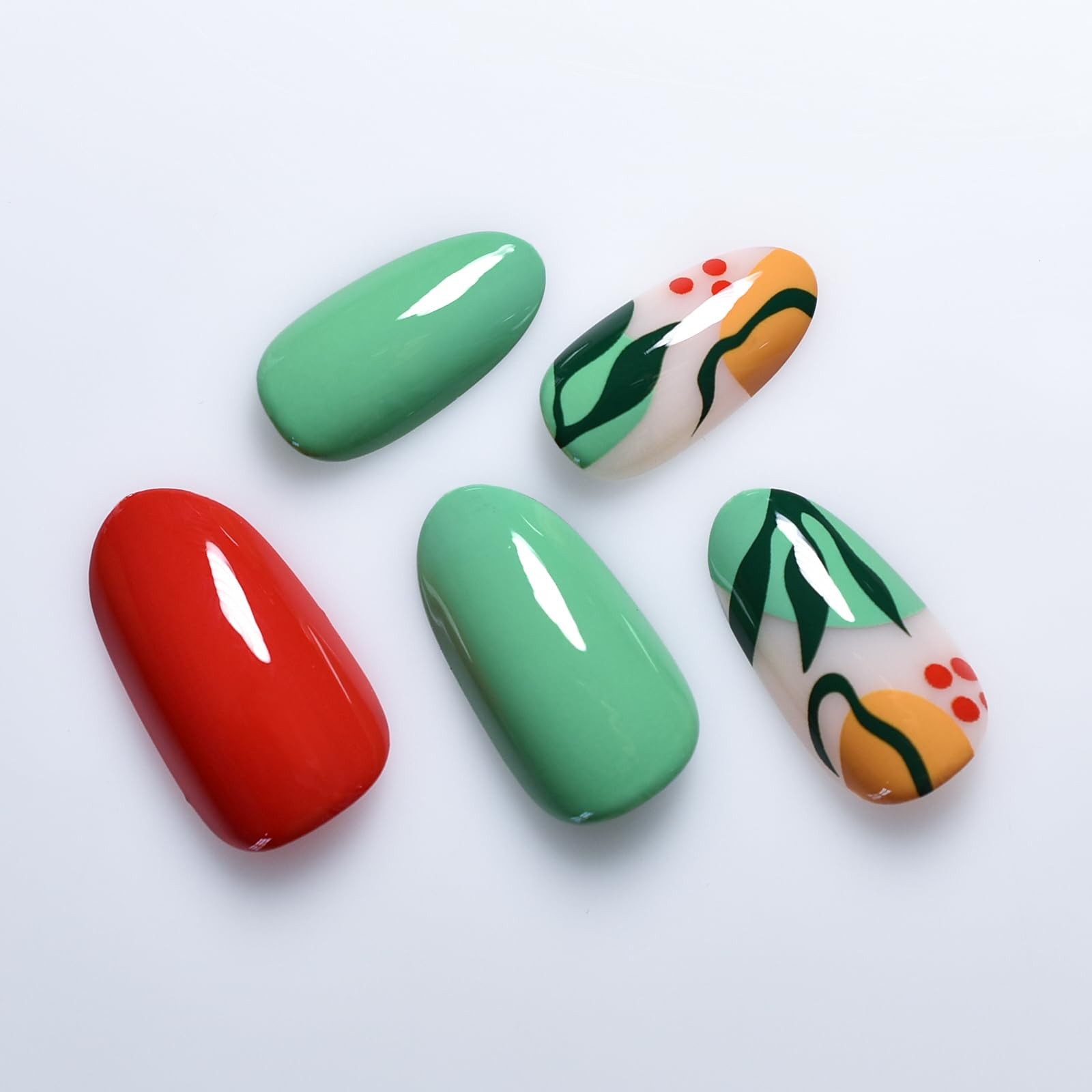 Pre-design Press On Nails Glossy Green Red False Nails Medium Long Nail Art T…