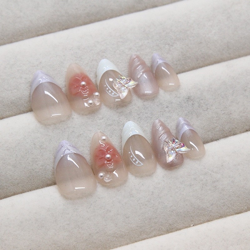 24PCS Butterfly Press On Nails French Tip Reusable False Nails Full Cover Almond