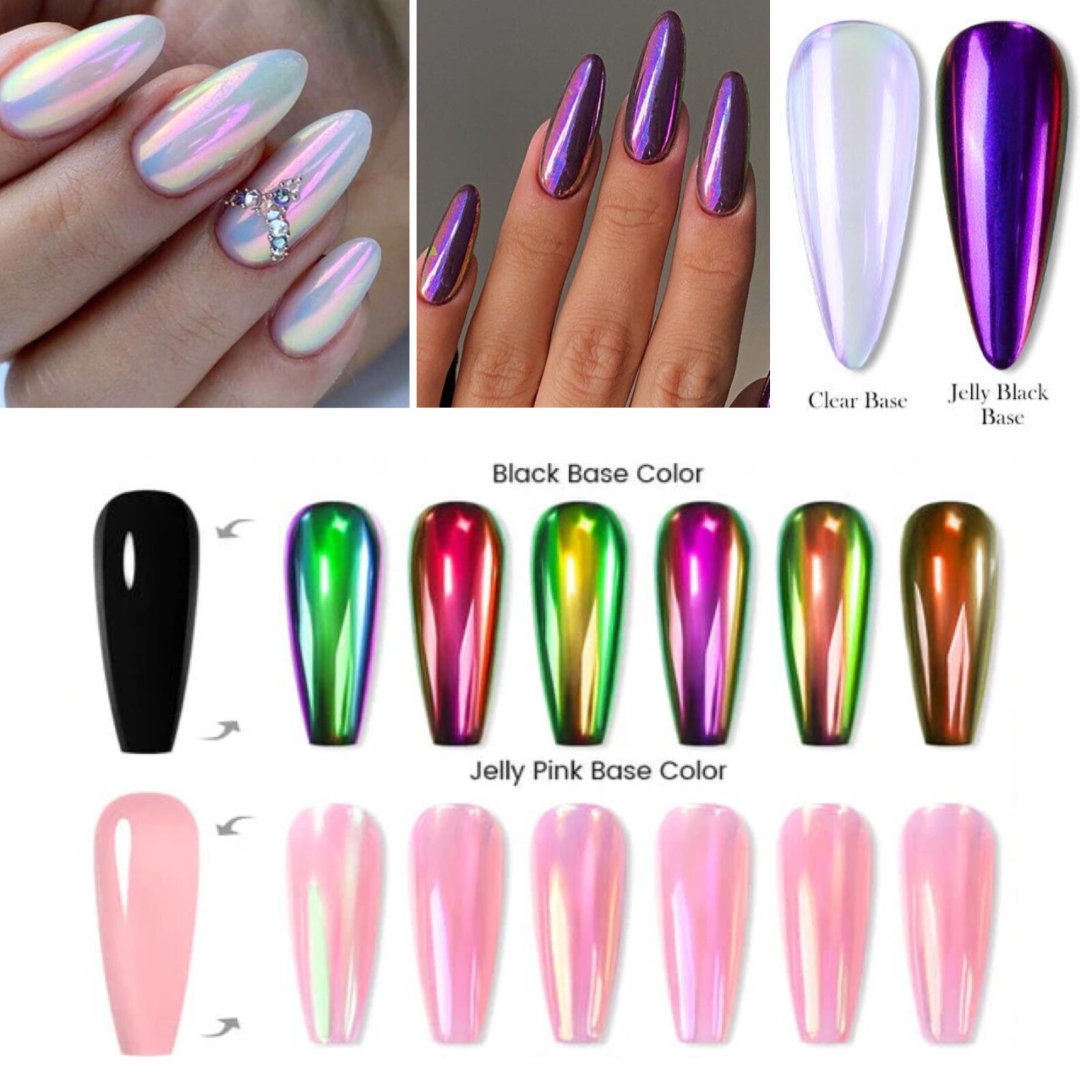 Aurora Chrome Nail Powder Colours Unicorn Rainbow Mirror Mermaid Shiny Nails