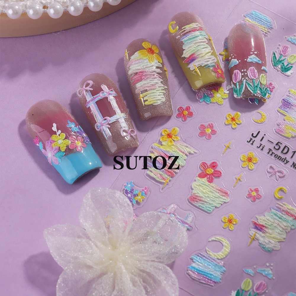 2Pcs 5D Nail Stickers Embossed Daisy Flower Bride Decal Nail Art Decoration NH29