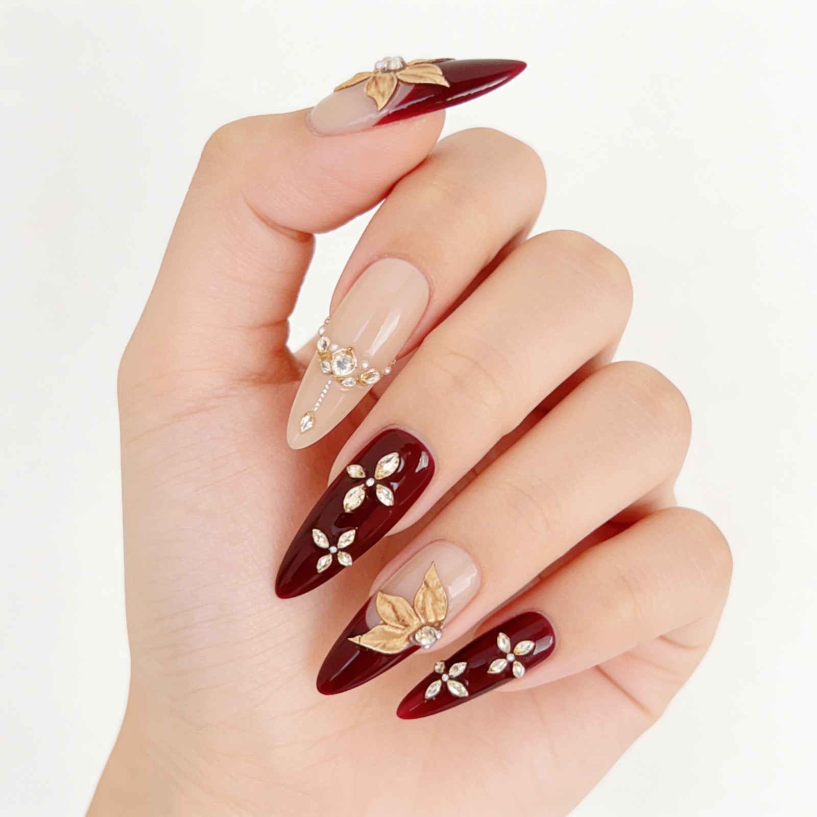 Vintage Gold Maple Leaf Red Press-On Nails with Pearls & Rhinestones Long Almond