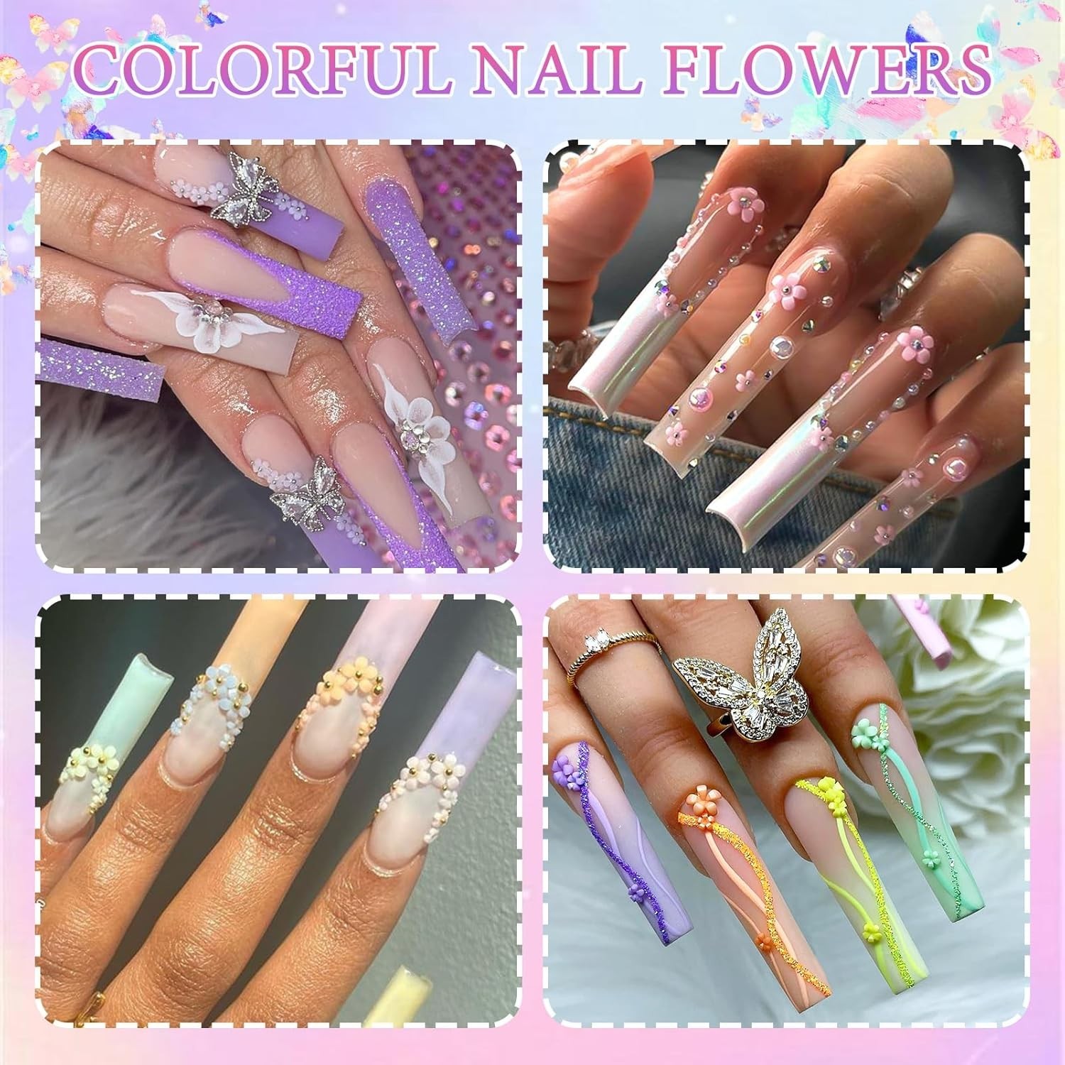 Flower Nail Charms Colorful 3D Flowers for Nails Metal Butterfly Nail Art Charms