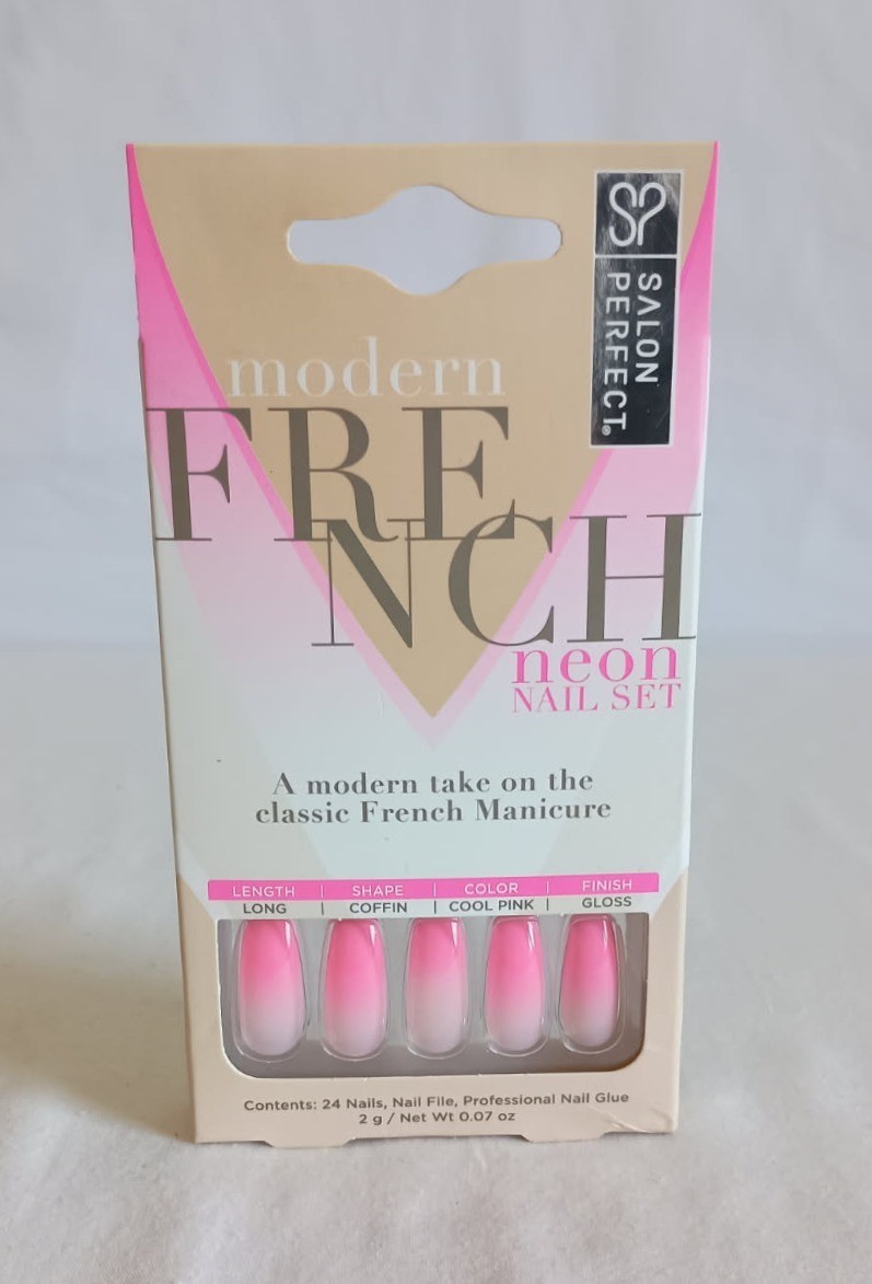 Salon Perfect Modern French Neon Nail Set Long Glossy Pink Ombre Coffin Shaped