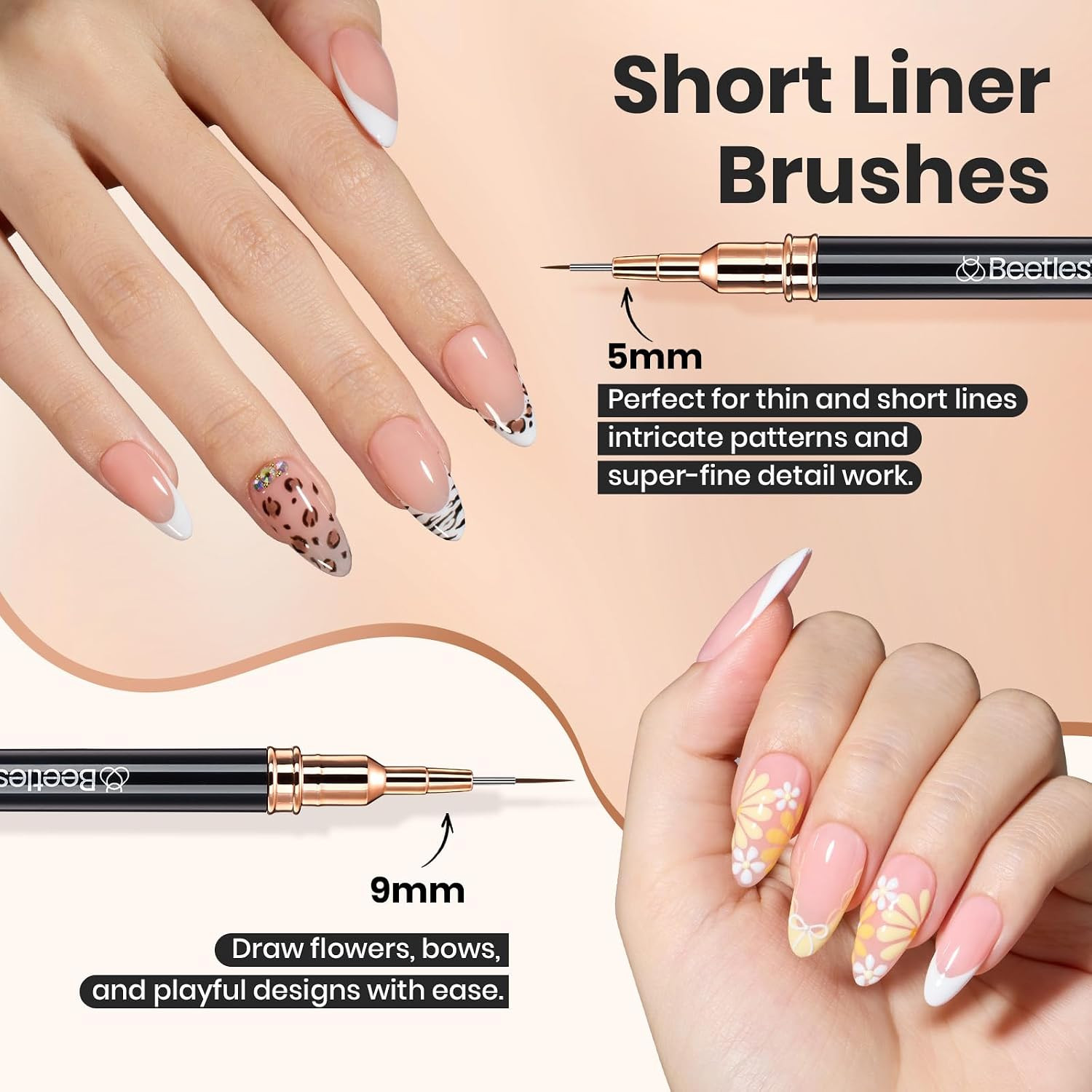 Beetles Liner Brushes for Nails 5Pcs – Metallic Nail Art Brushes Black Nail Art