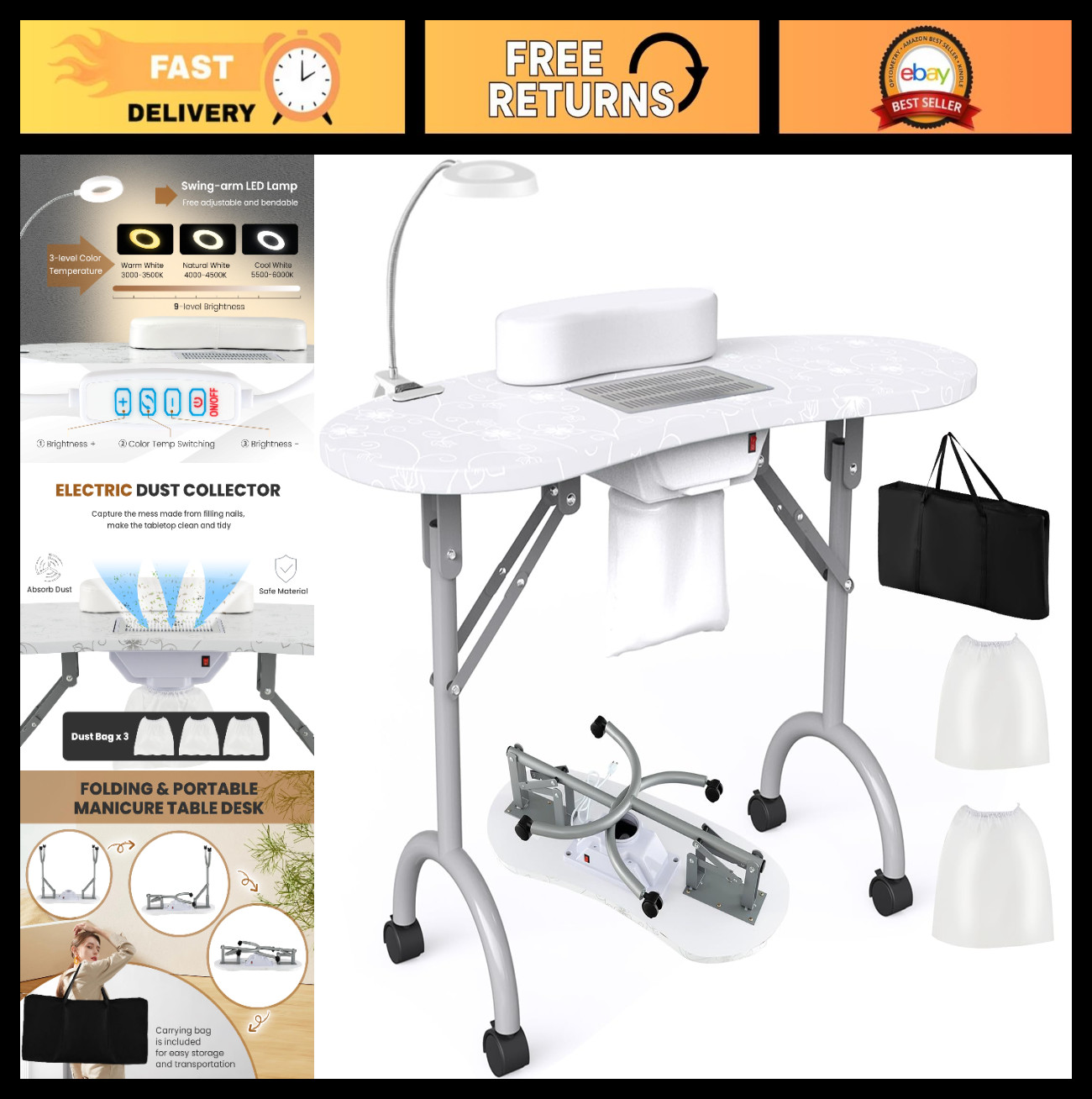 All-in-One Nail Table Manicure Desk with Dust Collector, LED Lamp & Carry Bag, M