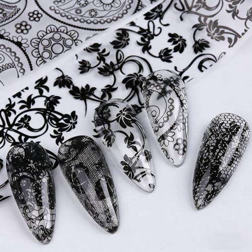 Lace Nail Foil Sheets, 10 Rolls Black White Flower Nail Foils Transfer Lace01