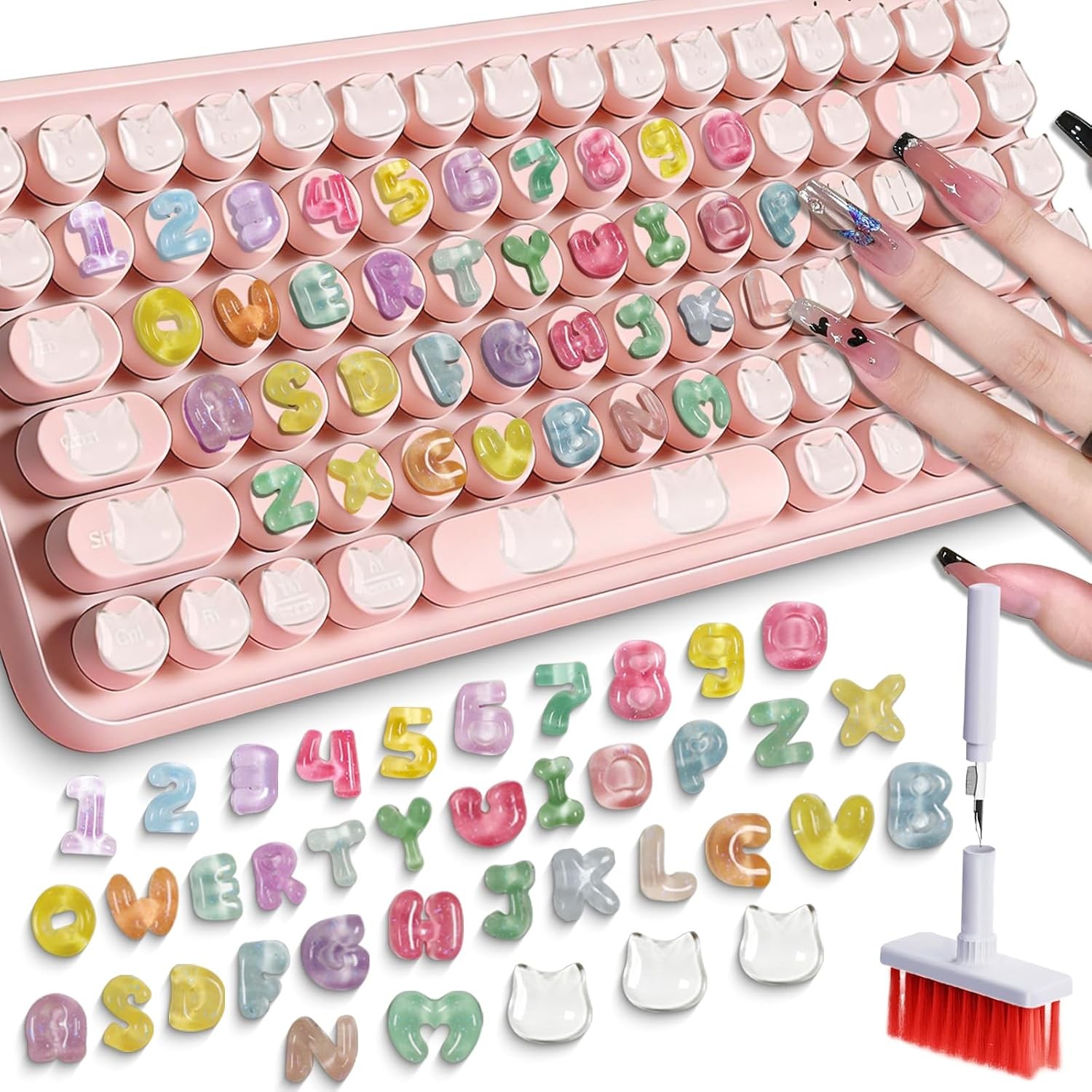 105PCS Keyboard Nail Bubbles – Macaron Ice-Transparent Buttons, Cute Bear Heads,