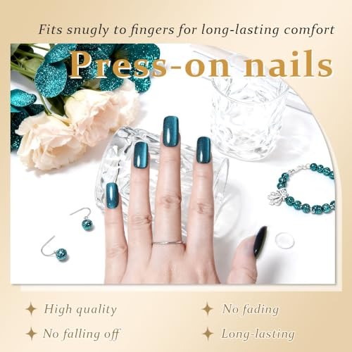 Teal Green Cat Eye Press on 24 Ounce (Pack of 1) 24Pcs-Medium Square-11 Teal