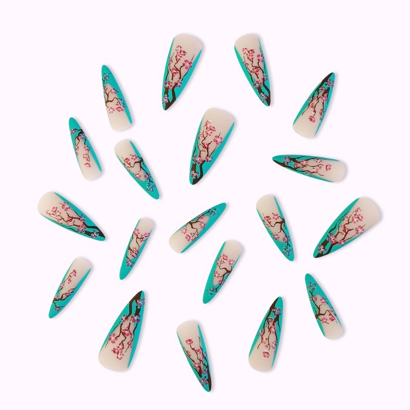 48pcs-Nude Turquoise Stiletto Nails, Press on With Pink Cherry Blossom Accents