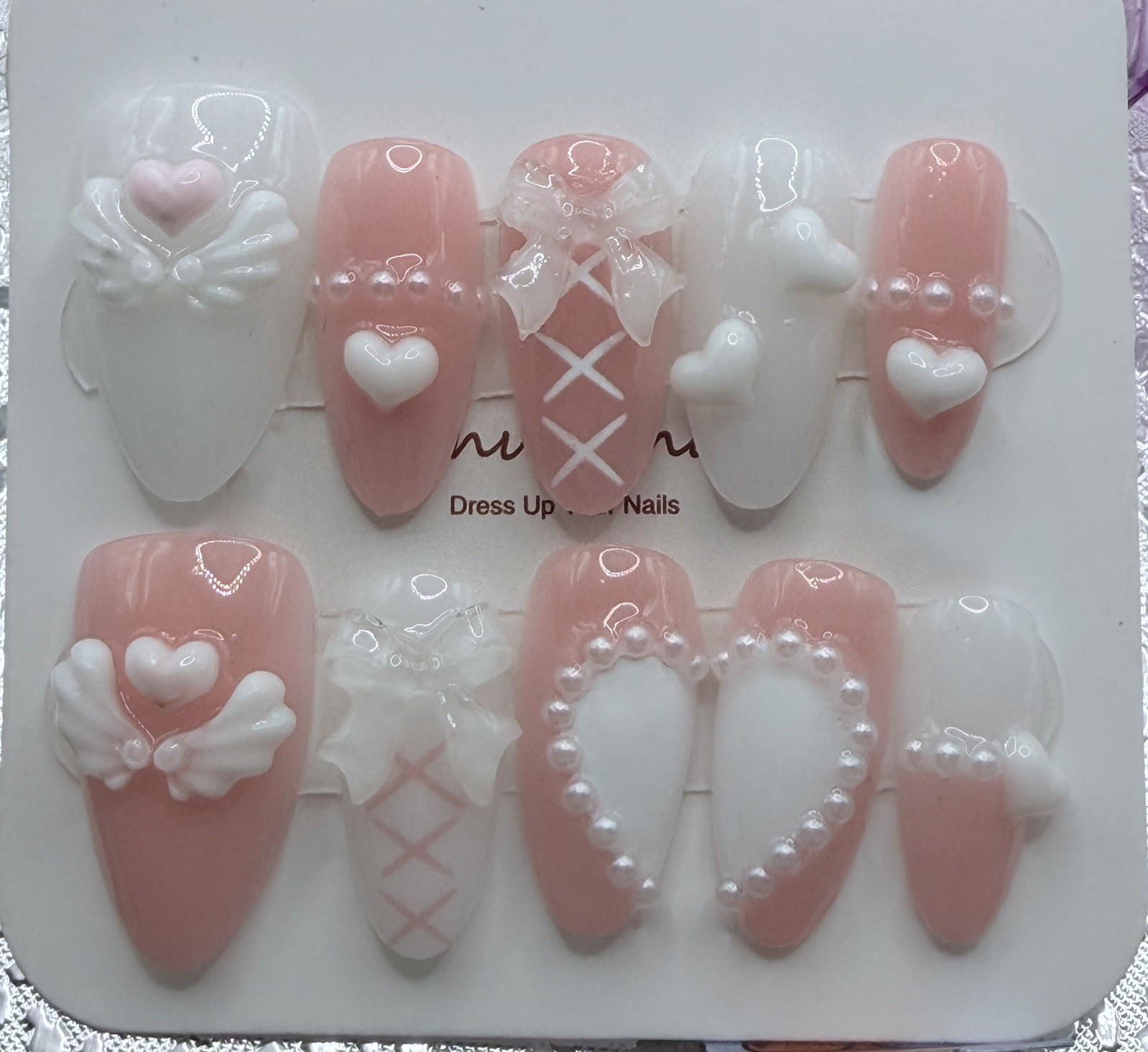 10 PCs Handmade Medium Length Almond Press On Nails Angel Wing Heart Pink White