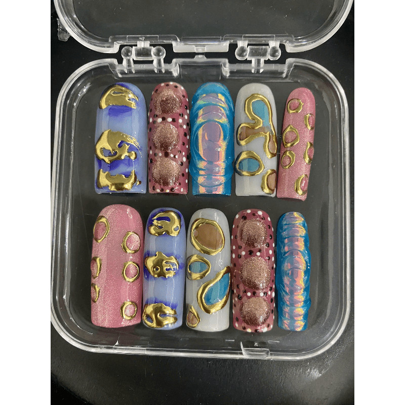 Pink Gold Handmade Press on Nails Dot Swirl Iridescent Cat Eye Fake Nails