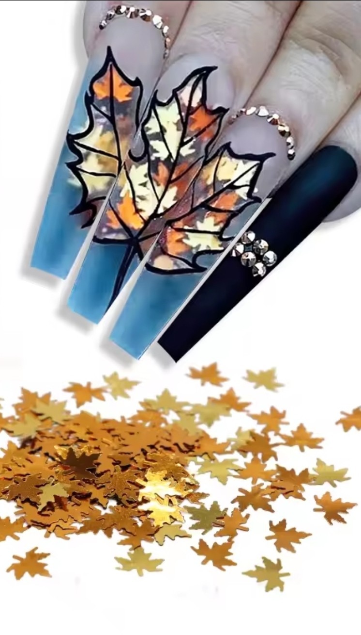 Autumn Maple Leaf Nail Art Sequins Glitter 3D Nail Flakes Res&gold Color (1tsp)