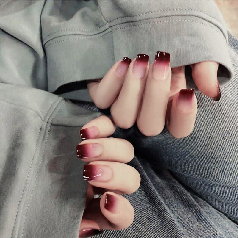 24pcs Gradient False Nails Cute Summer Press On Nails With Glue Manicure Decor