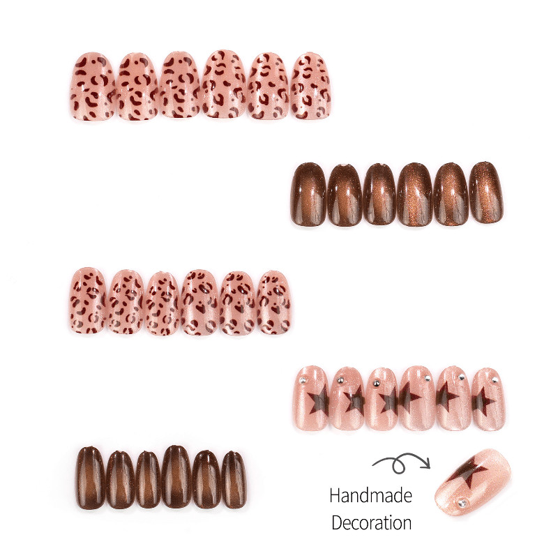60 Pcs Leopard Star Brown Gradient Oval Press on Nails, Trendy Autumn Fake Nails