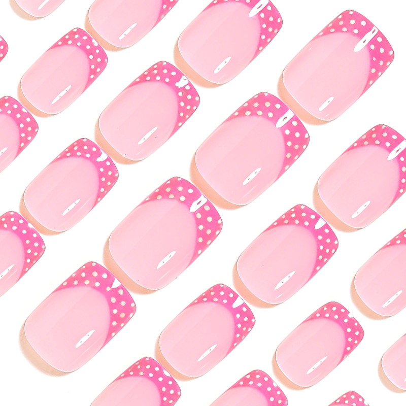48pcs Short Square Press On Nails, Nude Base with Pink French Tip & White Polka