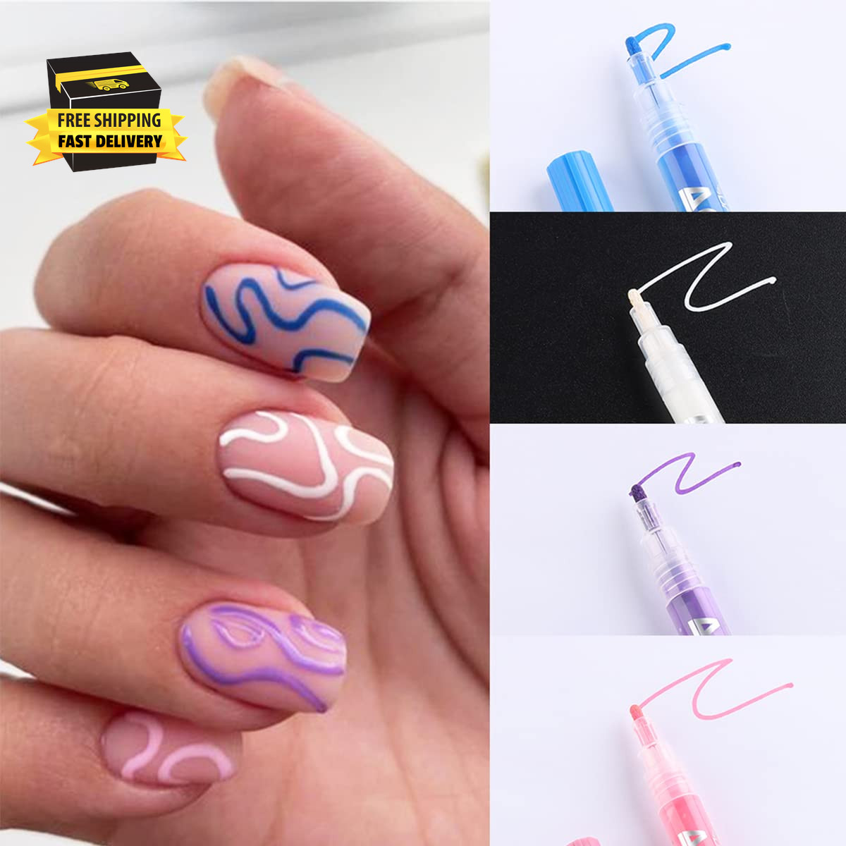 Nail Art Graffiti Pen Set 12Pcs Waterproof Drawing Markers Neon Enamels Black Wh