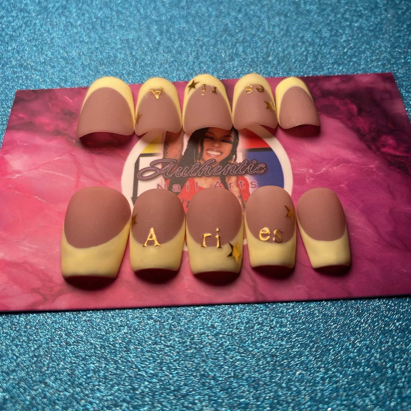 Authentic Nail Arts by Dia Square Press-On Nails Nude Yellow French 3D Zodiac
