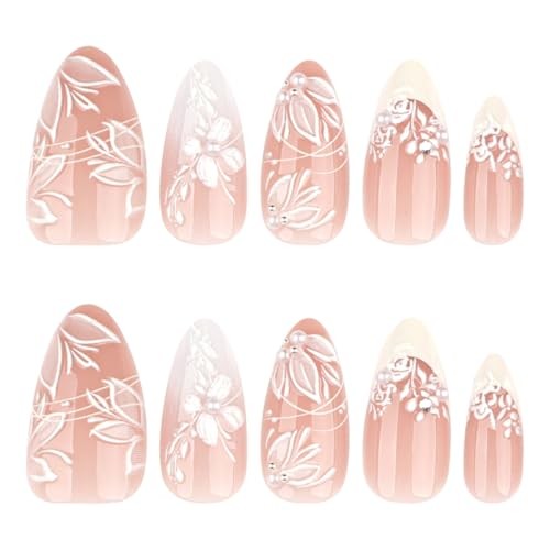 Flower Press on Nails Medium Almond Fake Nails Bridal Nails Press ons style32