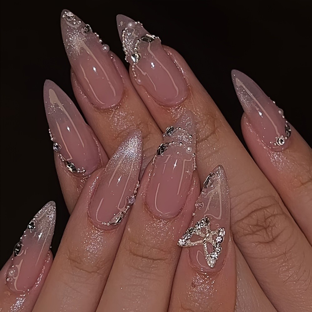 48Pcs-Stiletto Press on Nails Silver Butterfly Rhinestone Glitter Fake Nails Set