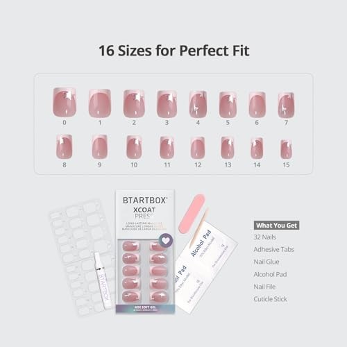 Press On Nails Short Square French Tip Soft Gel 32 Count 16 Sizes Glue Tabs