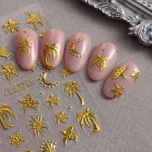 Summer Nail Art Stickers – Decals Palm Tree Starfish 5D Embossed Nail Style1