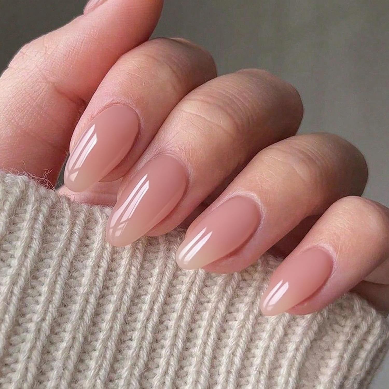 Nude Pink Press On Nails Short Almond, Natural Pure Pink Handmade Soft Jelly Gel