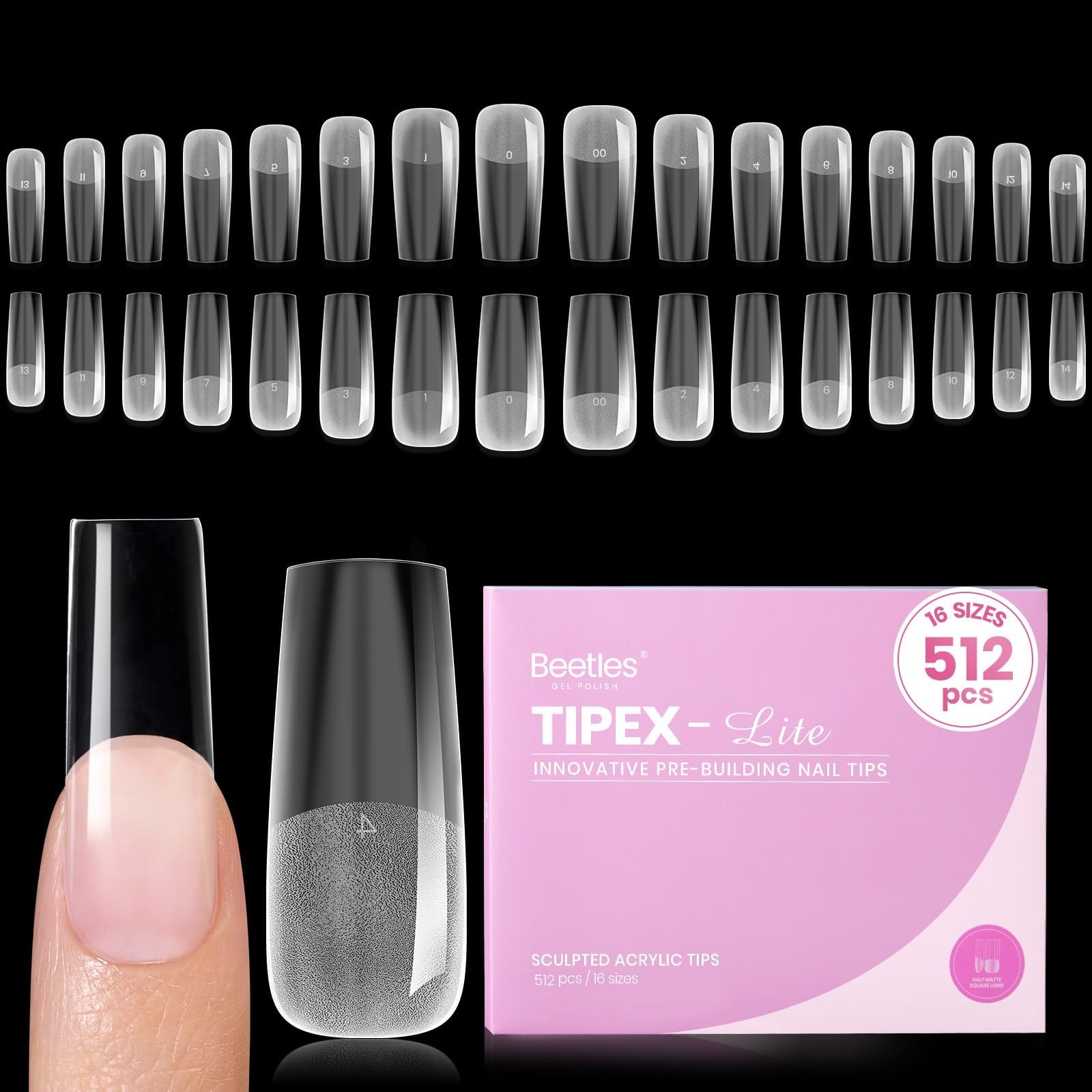 Long Square Nail Tips 512pcs – No Builder Gel Needed, 16 Sizes for DIY Extension