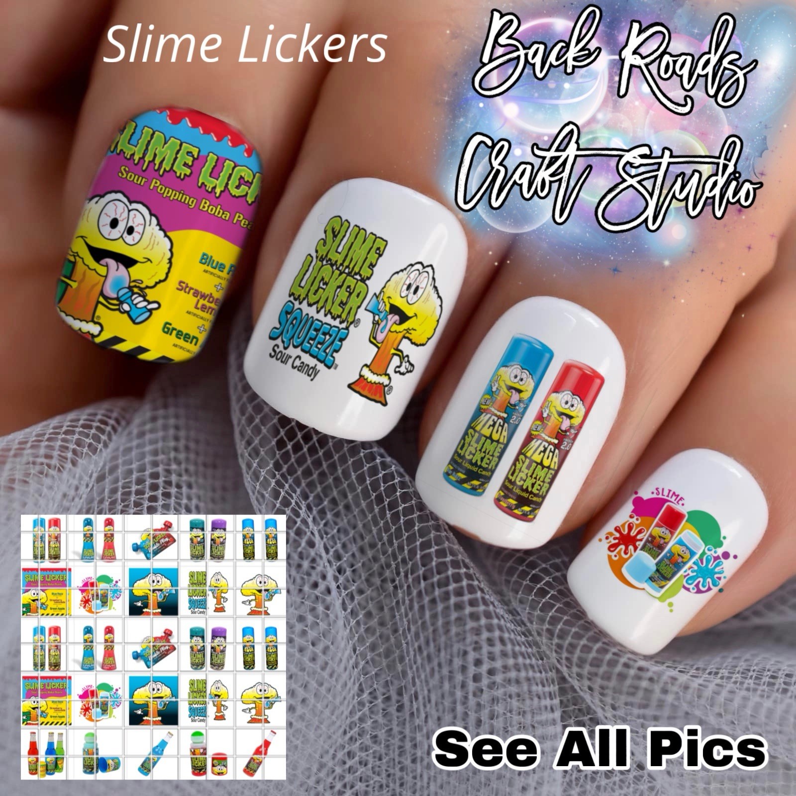 Slime Lickers Candy Waterslide Finger Nail Decals Instructions set of 50 Bonus