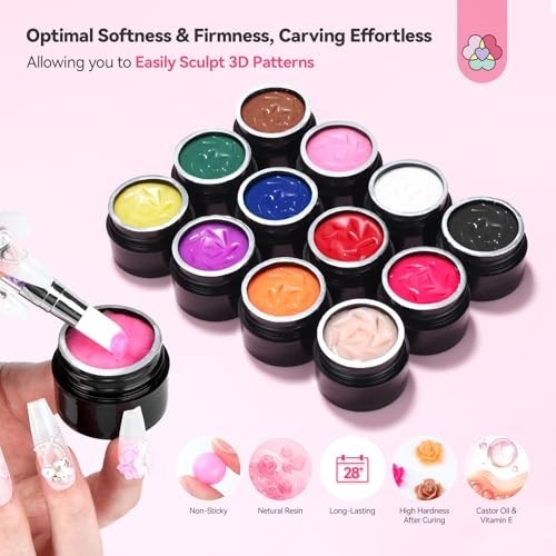 12 Colors 3D Nail Gel Set – Non-Sticky Soak Off Sculpting Gel for Nail Art DIY