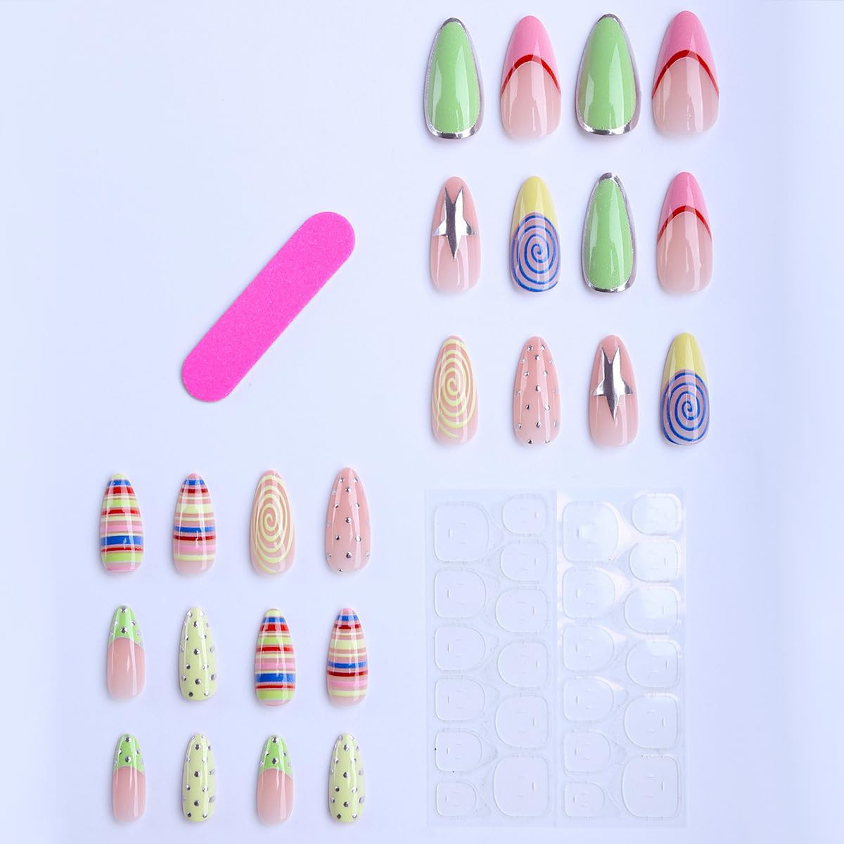 Almond Press on Nails Colorful Fake Nails Medium Summer Y2K False Nails with Str