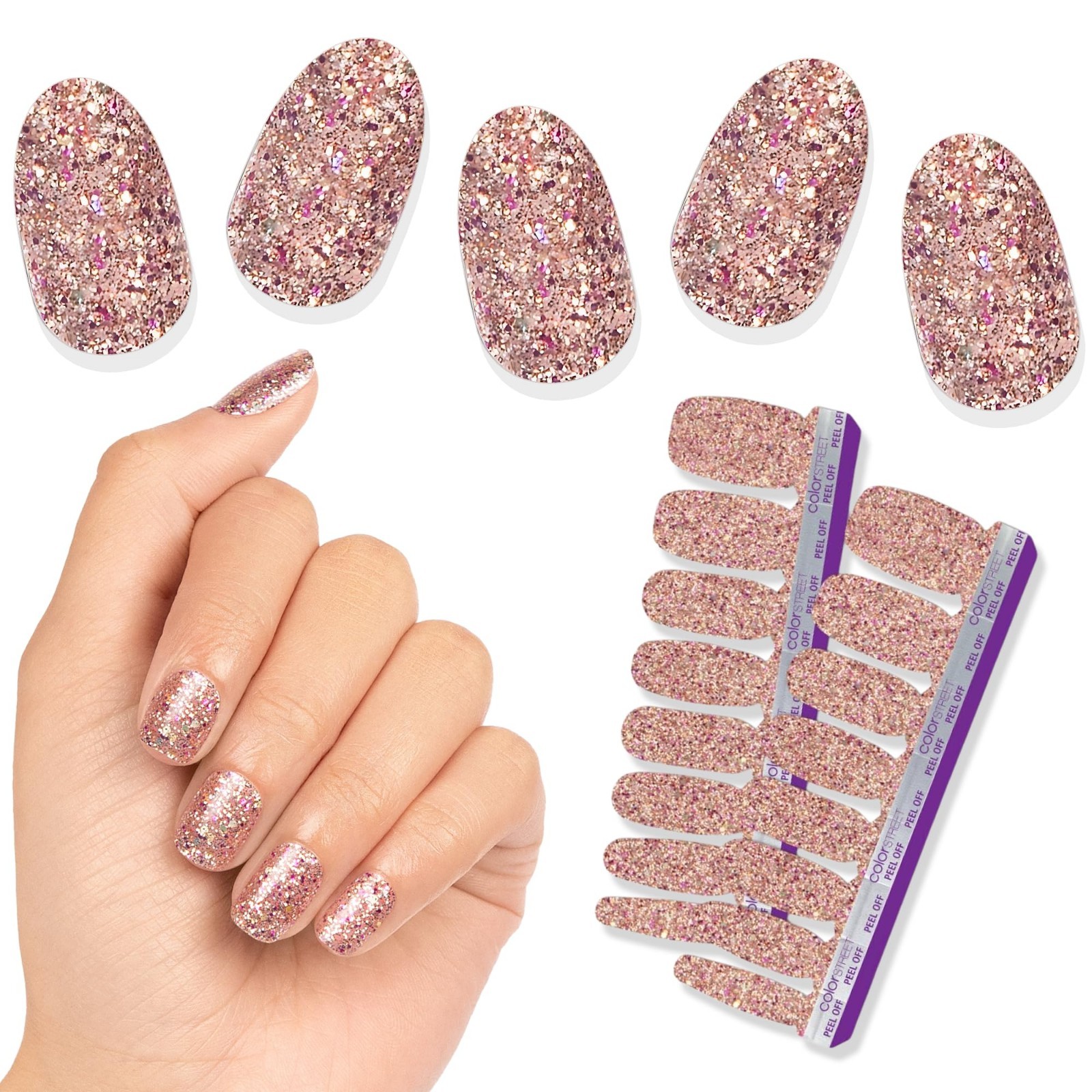 Glitter Nail Strips – Tokyo Lights Design with Pink Gold & Holographic Sparkle –