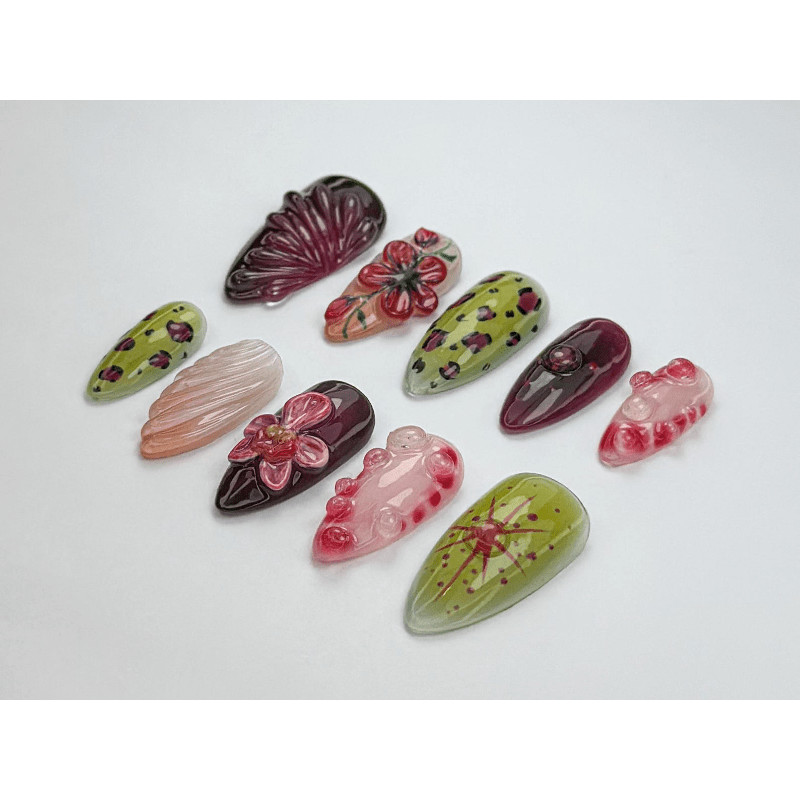 Wine Red Handmade Press on Nails Leopard Print 3D Rose Shell Vintage Fake Nails