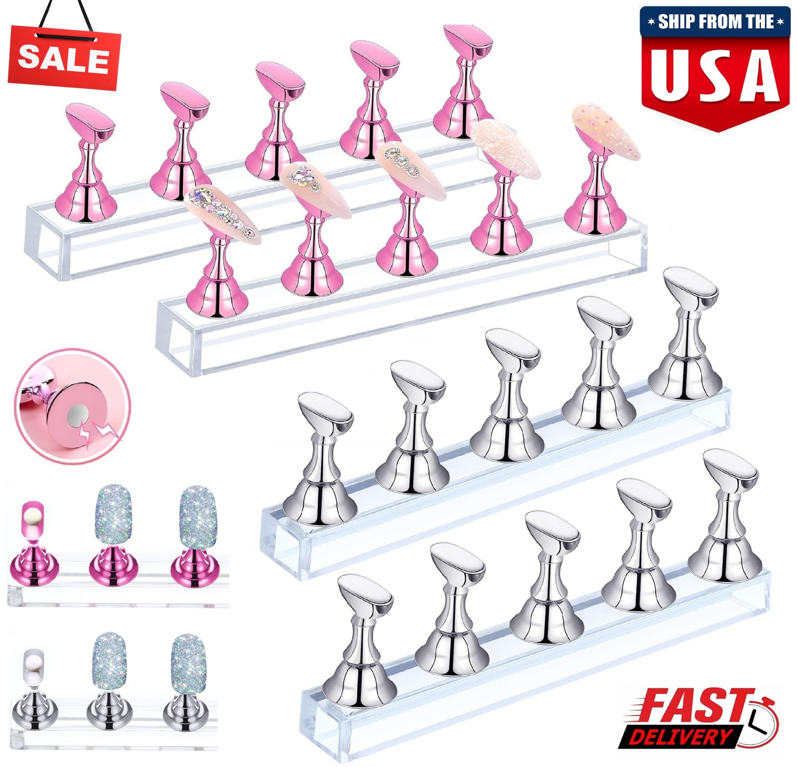 4Pcs Magnetic Nail Stand Press On Nails Display Practice Art Fake Nail Holder US