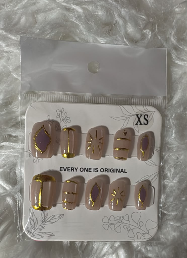 Glossy Nude Taupe Press On Nails | Square Gold Minimalist Nail Set – Extra Small